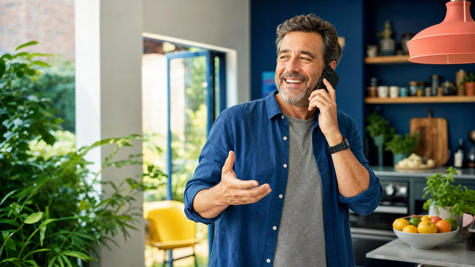 Un homme souriant profite d’une conversation téléphonique dans sa cuisine