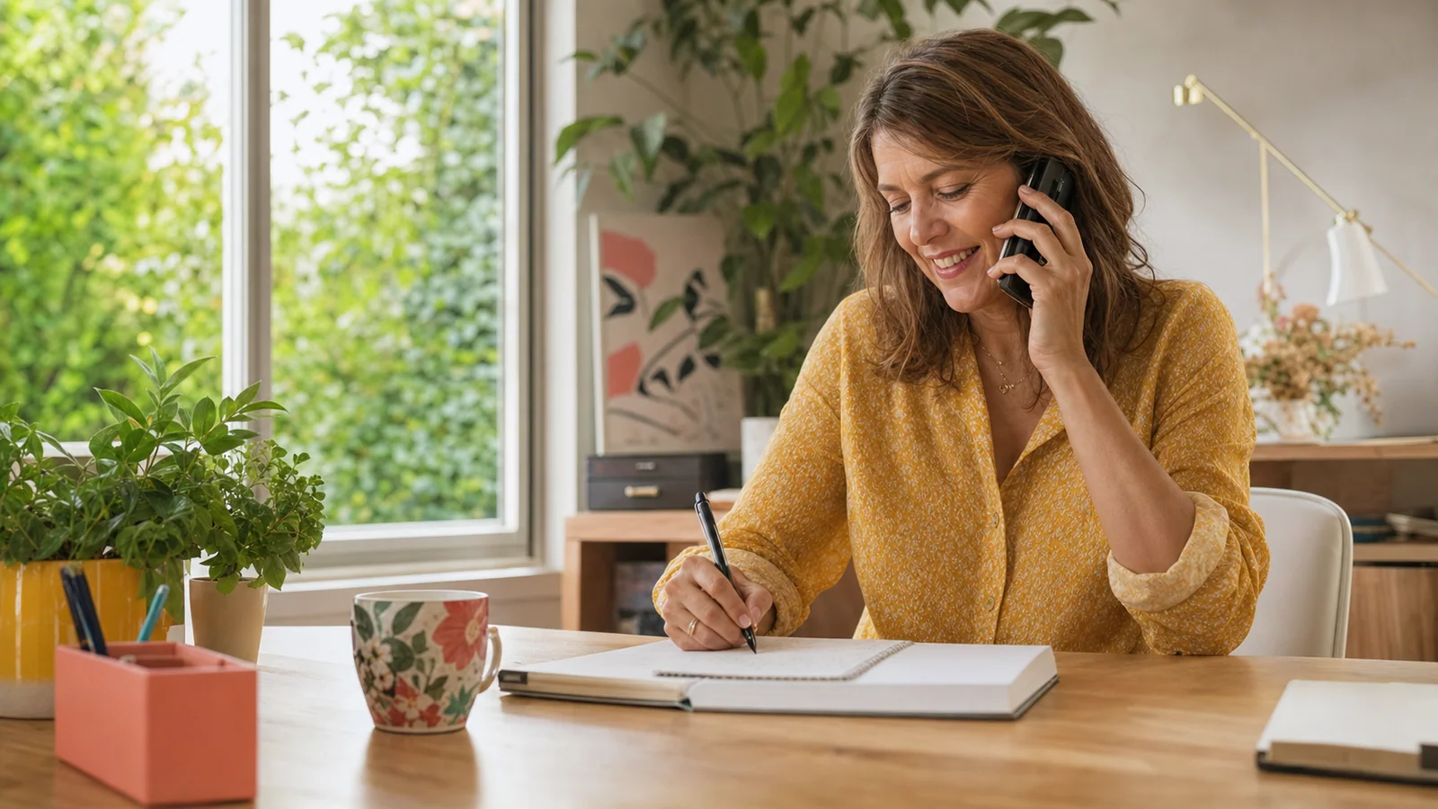 Une conseillère souriante répond au téléphone dans un bureau lumineux
