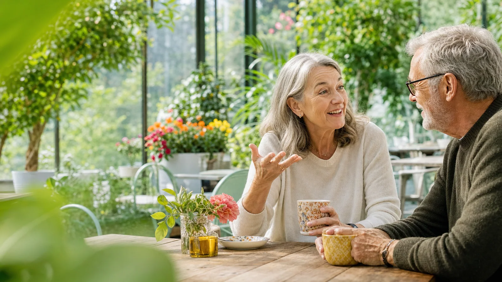 Deux personnes échangent avec enthousiasme dans un café entouré de plantes