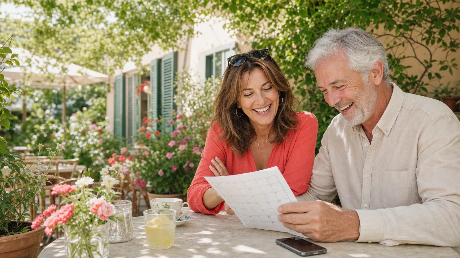 Deux amis choisissent joyeusement leur rythme autour d’un calendrier