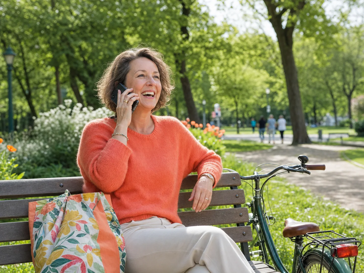 Une femme sourit pendant une conversation téléphonique dans un parc